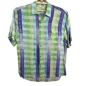 Vintage Jams World Men's M Blue‎ Check Floral Hawaiian Rayon Shirt Aloha Surf